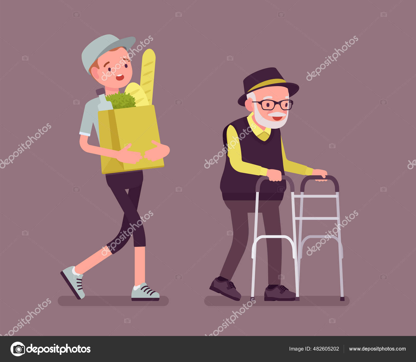 Image vectorielle Aîné avec marcheur, homme handicapé âgé et