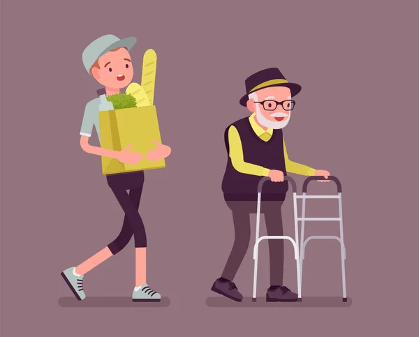 Senior con walker, anziano handicappato e volontario maschile che aiuta — Vettoriale Stock