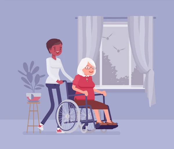 Silla de ruedas senior, anciana discapacitada con enfermera en casa — Vector de stock