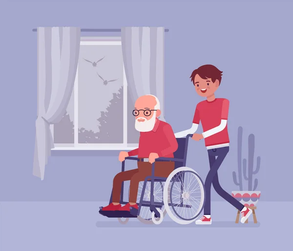老年人轮椅，家中有男护士的老年残疾人 — 图库矢量图片