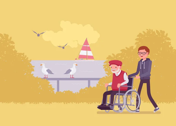 휠체어를 타고 있는 나이많고 장애가 있는 남자 간호사와 실외 산책을 하는 모습 — 스톡 벡터