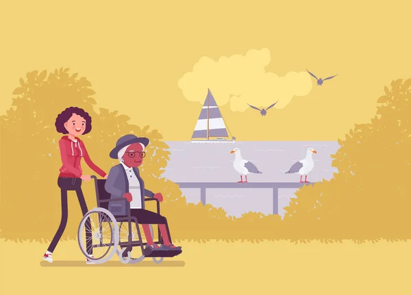 Αναπηρική καρέκλα γυναίκα ανώτερος, ηλικιωμένη ανάπηρος γυναίκα υπαίθρια περπάτημα με νοσοκόμα — Διανυσματικό Αρχείο