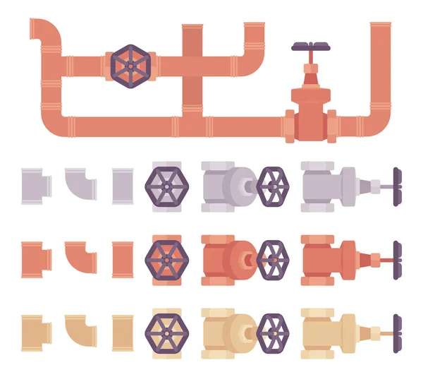 Трубопроводы и сантехнические детали, трубные соединения, комплект секций труб — стоковый вектор