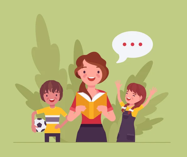 Kindergarten book story reading aloud, female teacher and children — Archivo Imágenes Vectoriales