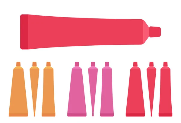 Plastová kosmetická tuba, láhev od zubní pasty prázdná oranžová, růžová, červená sada — Stockový vektor