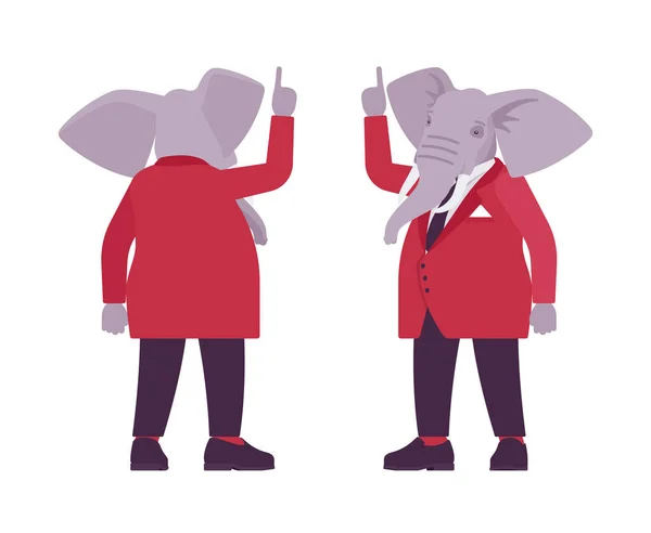 Elephant man, elegant mister, animal head stylish human attention gesture — Stock Vector