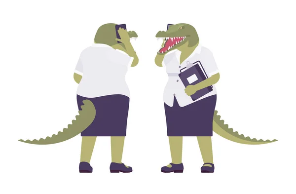 Crocodile femme, reptile vert, tête d'animal, queue humaine avec smartphone — Image vectorielle