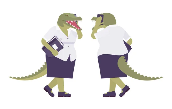 Женщина-крокодил, зеленая рептилия, голова животного, хвост человека со смартфоном — стоковый вектор