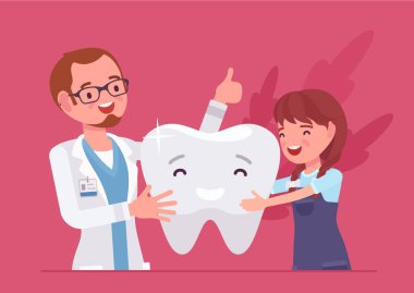 Çocuk kız, mutlu dişçi doktor ve sağlıklı diş doktoru.