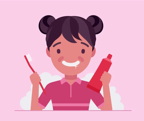 Дитяча дівчинка тримає зуби чистим, чистить, тримає зубну пасту, зубну щітку — стоковий вектор