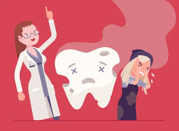 Ragazza bambino, medico dentista arrabbiato e malsano odore di dente marcio — Vettoriale Stock