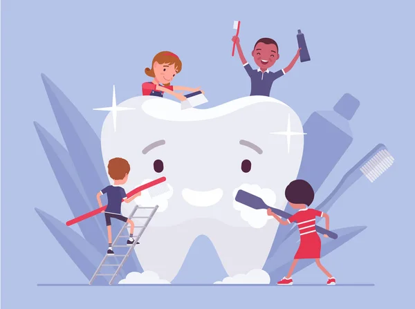 Çocuklar dev dişlerini fırçalayarak, diş macunu tutarak, diş fırçasıyla temiz tutarlar. — Stok Vektör