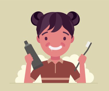 Çocuk dişlerini fırçalayarak, diş macunu tutarak, diş fırçasıyla temizler.