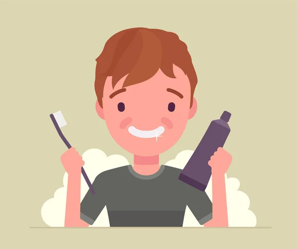 Enfant garçon garde les dents propres par brossage, tenant dentifrice, brosse à dents — Image vectorielle