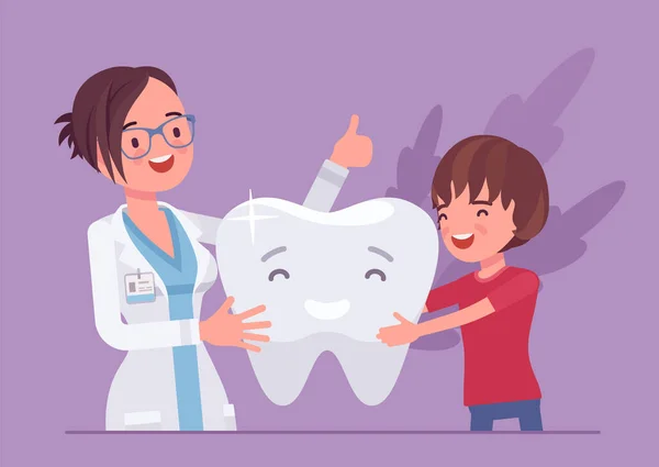 Bambino ragazzo, medico dentista felice e dente pulito sano — Vettoriale Stock