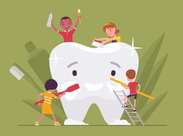 Çocuklar dev dişlerini fırçalayarak, diş macunu tutarak, diş fırçasıyla temiz tutarlar. — Stok Vektör