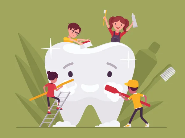 Les enfants nettoient les dents géantes en brossant, en tenant le dentifrice, la brosse à dents — Image vectorielle