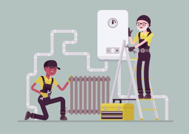 Tesisatçılar tesisat, boru ve radyatör kurulumunu denetliyor.