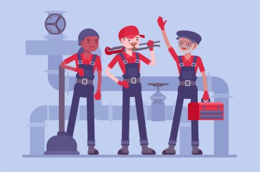 Profesyonel sıhhi tesisat ekibi, teknisyenler, tamir blokları ve sızıntılar.