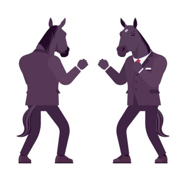 Atlı adam, büyük toynaklı erkek hayvan, resmi insan kıyafeti, boks.