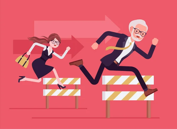 Business people running over barrier, try to overcome difficulties, obstacles — Stock Vector