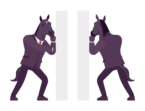 Hombre caballo, gran animal macho de pezuña, desgaste humano formal, empujando — Vector de stock