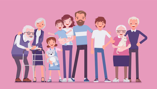 Famiglia multigenerazionale, famiglia comune, convivenza felice in sostegno, assistenza — Vettoriale Stock