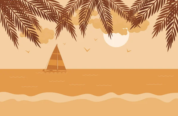 Φοινικόδεντρο σιλουέτα, ιστιοφόρο, ηλιοβασίλεμα παραλία εκπληκτική τοπίο — Διανυσματικό Αρχείο