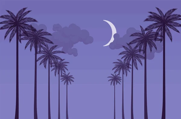 Silueta de noche fila de palmeras, playa de la orilla del mar paisajes impresionantes — Vector de stock