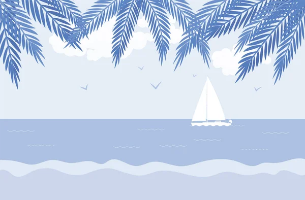 Φοινικόδεντρο ανοιχτό μπλε σιλουέτα, ιστιοφόρο, θάλασσα παραλία τοπίο — Διανυσματικό Αρχείο