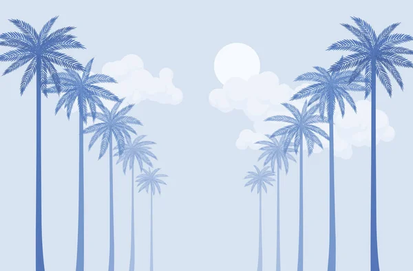 Palm tree γραμμή φως μπλε σιλουέτα, θάλασσα ακτή τοπίο παραλία — Διανυσματικό Αρχείο