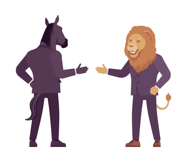 Animales, caballo, león reunión para saludar, extender la mano agitar — Vector de stock