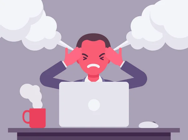 Businessman working with laptop steam coming out of ears, angry — Stock Vector