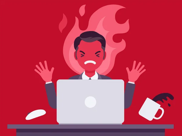 Podnikatel pracující s notebookem hořel hněvem — Stockový vektor