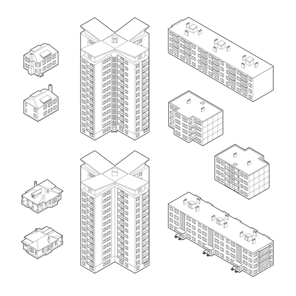 Black and White Isometric Dwelling Buildings — Stock Vector