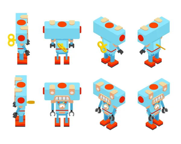 Robotul de jucărie albastru izometric cu cheia în spate — Vector de stoc
