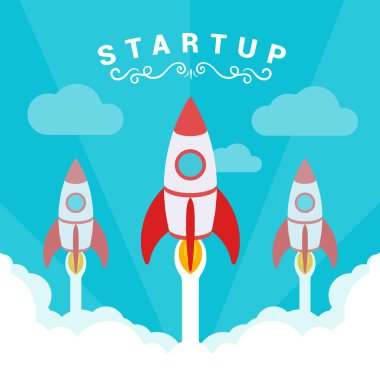 Başlangıç çizim. Roketler çıkartıyor mavi gökyüzü ve bulutlar beyaz duman karşı