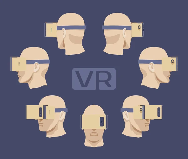 Virtual-Reality-Headset aus Pappe auf dem Kopf der Männer — Stockvektor