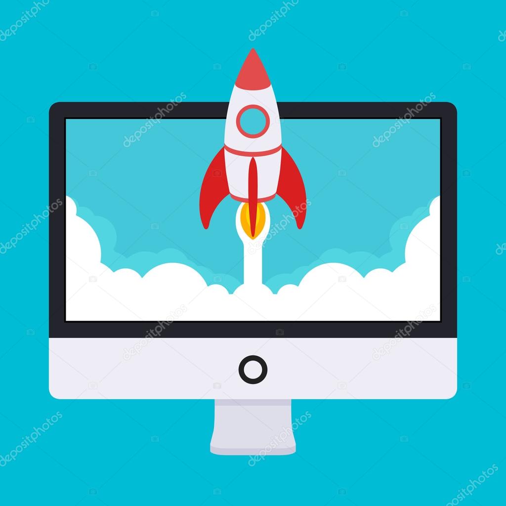 Startup illustration. Rocket takes off from the monitor in clouds of white smoke