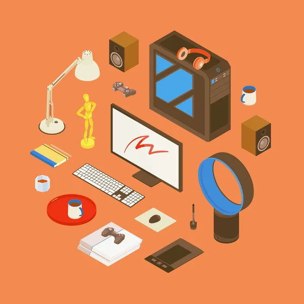 Isometric items from the digital artist workplace — Stock Vector