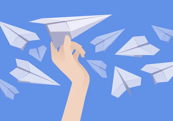 Avión de papel blanco en la mano femenina y otros aviones cercanos — Vector de stock