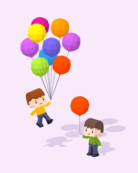 Cube World. Boys with the colored baloons — Stock Vector