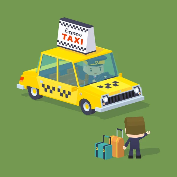 Cube World. Traveler with the suitcases trying to hail a taxi — Stock Vector