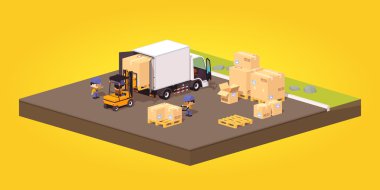 Küp dünya. Yükleme veya boşaltma karton kutuları. Beyaz kamyon ve forklift