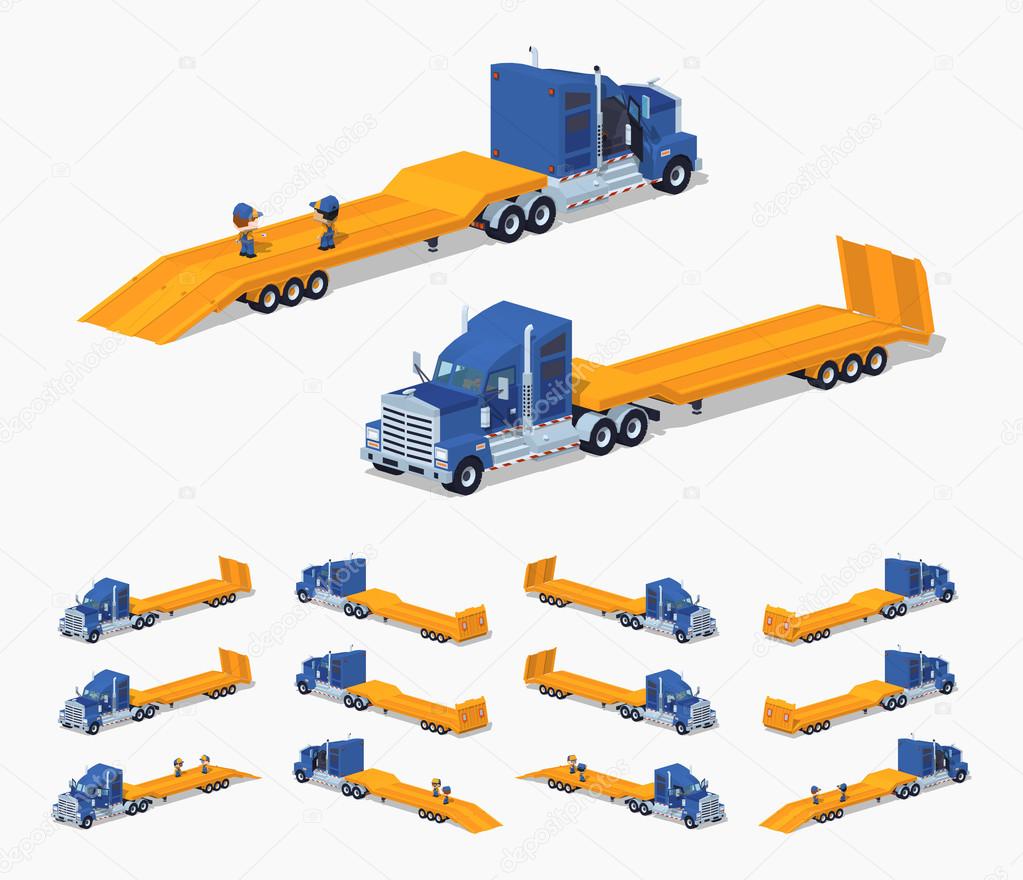 Blue heavy truck with yellow low-bed trailer