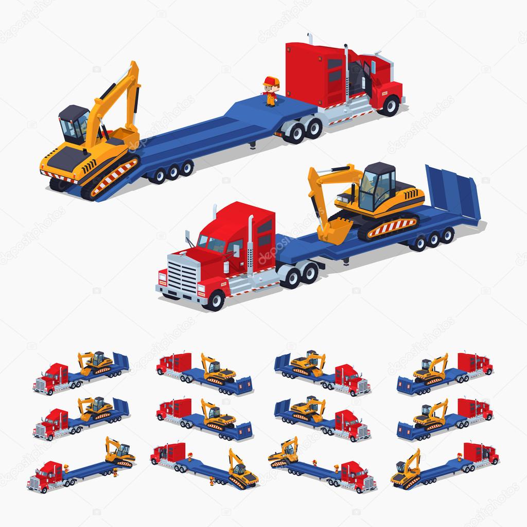 Red heavy truck with yellow excavator on the blue low-bed trailer