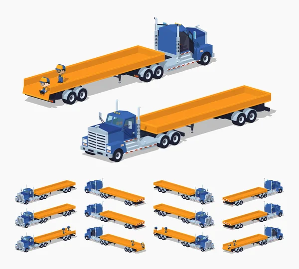 Modré těžkých nákladních automobilů a tahačů s žlutou otevřenou platformou — Stockový vektor