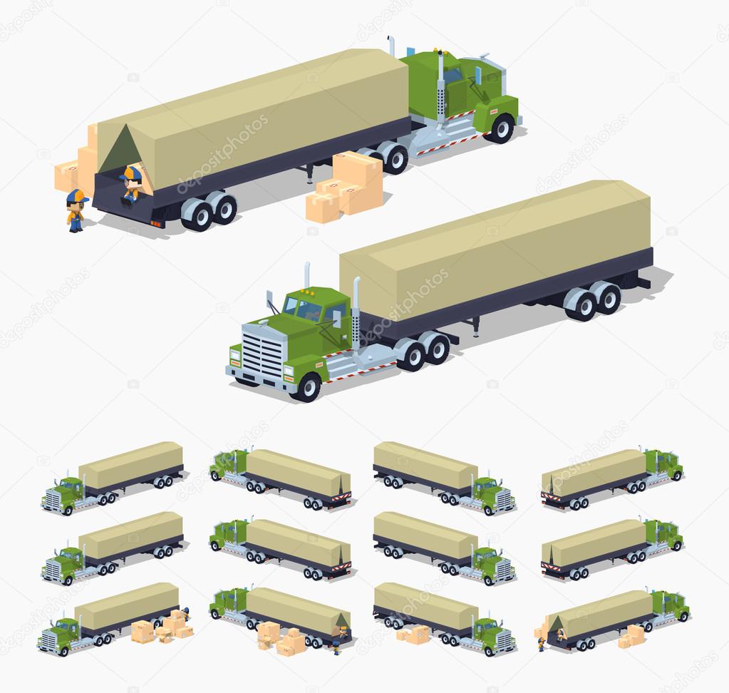Green heavy truck and trailer with the tarpaulin tent