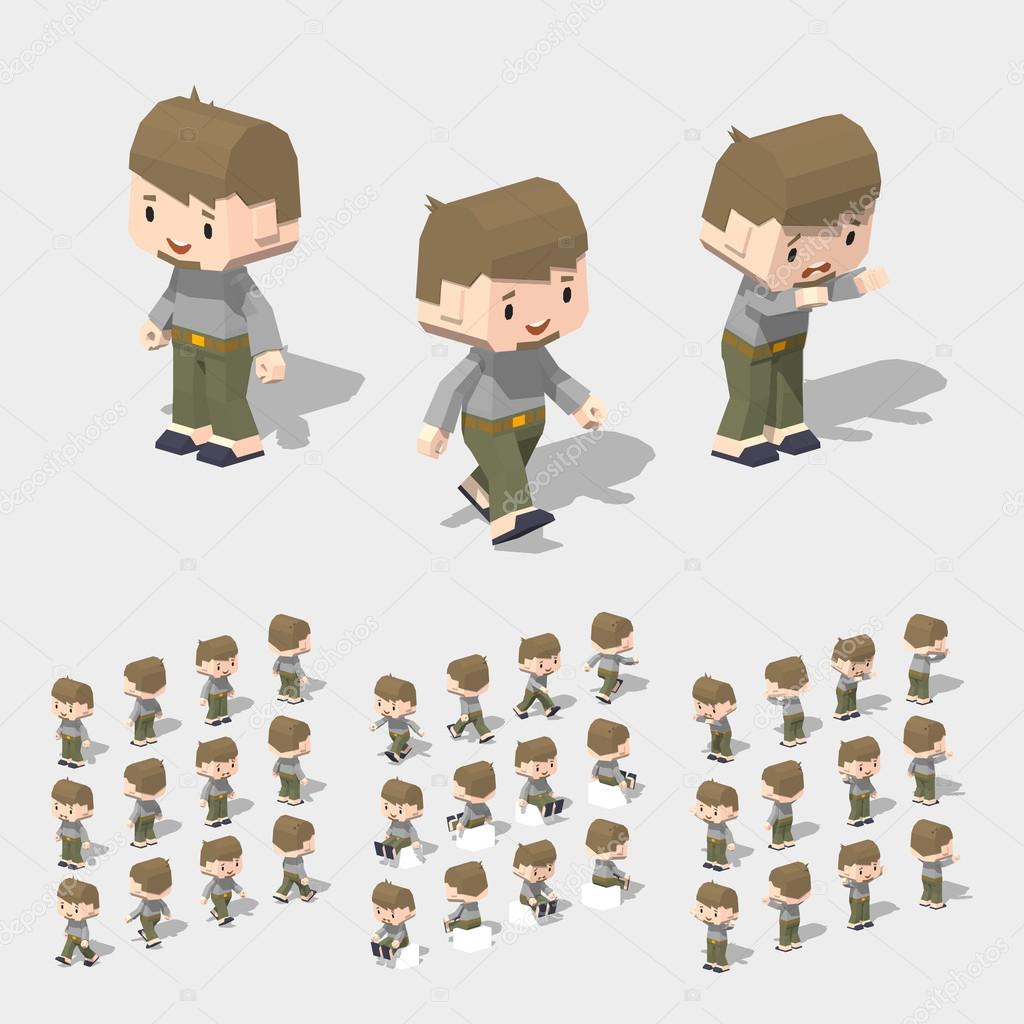 Low poly white man, with brown hair, beard, gray t-shirt, green cargo pants and black slippers