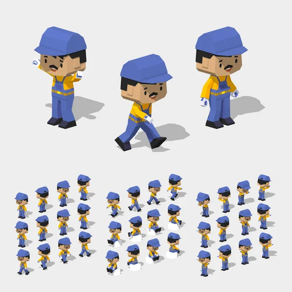 Low poly worker with dark hair, mustache, in the blue jumpsuit, yellow shirt and black shoes — Stock Vector